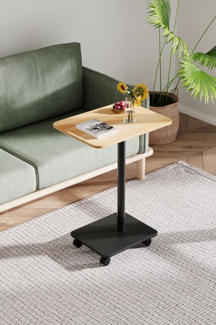 Living and Home Modern Minimalist C Shaped Side Table with Lockable Wheels in Light Oak - image 1