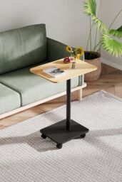 Living and Home Modern Minimalist C Shaped Side Table with Lockable Wheels in Light Oak