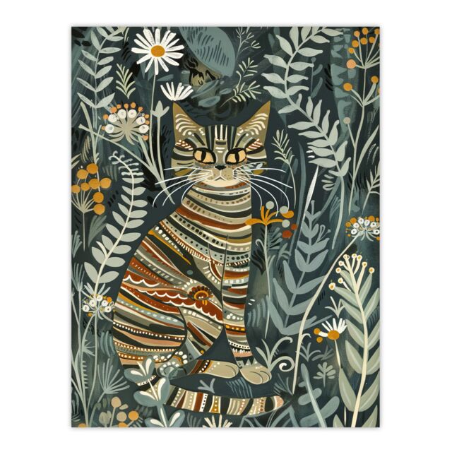"Artery8 Striped Cat in Floral Botanical Garden Folk Art Wall Art Print in Blue - Size: W24"" x H32""" - image 1