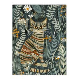 "Artery8 Striped Cat in Floral Botanical Garden Folk Art Wall Art Print in Blue - Size: W24"" x H32""" - thumbnail 1