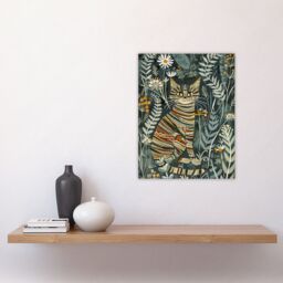"Artery8 Striped Cat in Floral Botanical Garden Folk Art Wall Art Print in Blue - Size: W24"" x H32""" - thumbnail 4