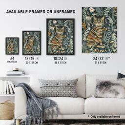 "Artery8 Striped Cat in Floral Botanical Garden Folk Art Wall Art Print in Blue - Size: W24"" x H32""" - thumbnail 3