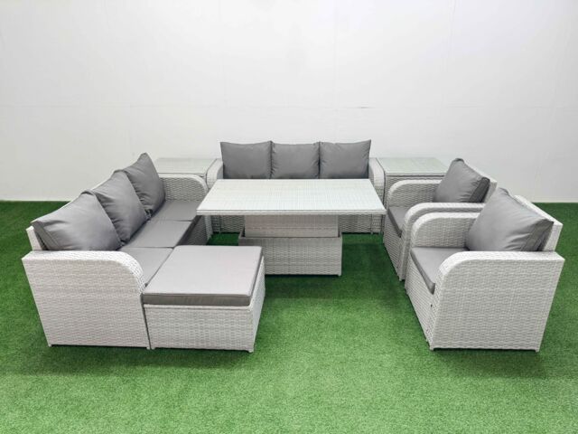 Fimous PE Rattan High Back Lounge Sofa Set Patio Adjustable Lifting Dining or Coffee Table & Chairs Set w/ 3 Seater Sofa Reclining Chair Big - image 1