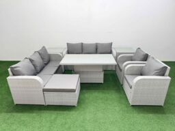 Fimous PE Rattan High Back Lounge Sofa Set Patio Adjustable Lifting Dining or Coffee Table & Chairs Set w/ 3 Seater Sofa Reclining Chair Big - thumbnail 1