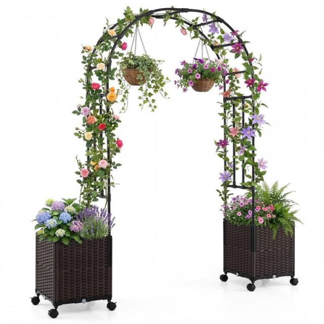 NESTLUNE 200cm Garden Arch Trellis with 2 Planter Boxes in Brown - Size: 1.25kg - image 1