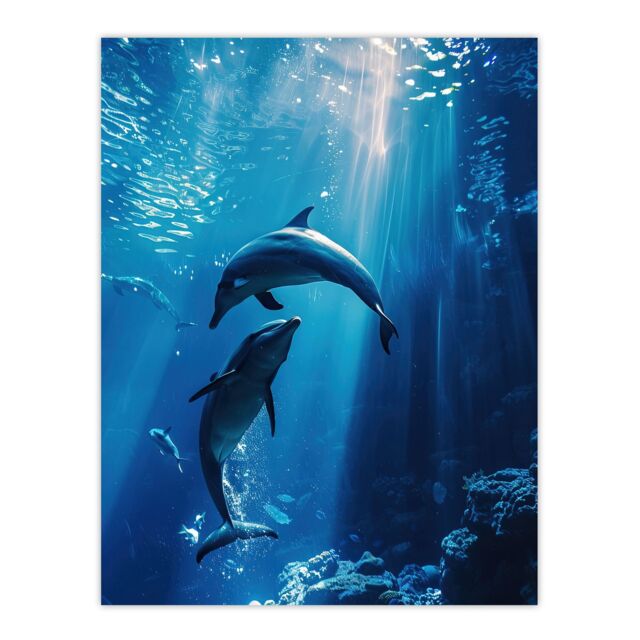 "Artery8 Majestic Dolphins Marine Life Underwater Seascape Wall Art Print in Blue - Size: W12"" x H16""" - image 1
