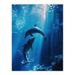 "Artery8 Majestic Dolphins Marine Life Underwater Seascape Wall Art Print in Blue - Size: W12"" x H16""" - thumbnail 1