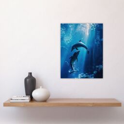 "Artery8 Majestic Dolphins Marine Life Underwater Seascape Wall Art Print in Blue - Size: W12"" x H16""" - thumbnail 4