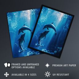 "Artery8 Majestic Dolphins Marine Life Underwater Seascape Wall Art Print in Blue - Size: W12"" x H16""" - thumbnail 2