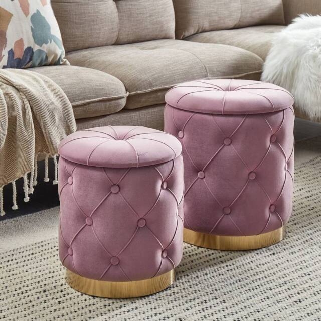 Wyld and Coco Pink Velvet Button Tufted Storage Pouffes Set Gold Base - image 1