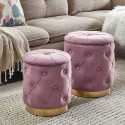 Wyld and Coco Pink Velvet Button Tufted Storage Pouffes Set Gold Base - thumbnail 1