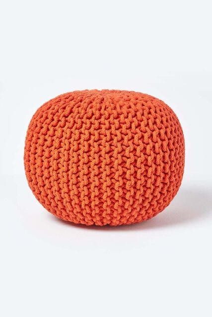 Homescapes Round Cotton Knitted Pouffe Footstool in Burnt Orange - image 1
