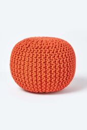 Homescapes Round Cotton Knitted Pouffe Footstool in Burnt Orange
