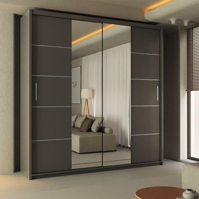 Sliding Wardrobes 4U Ribon Sliding Mirror Door Wardrobe 120cm X 217cm in Grey - Size: 120 cm X 217 cm - image 1