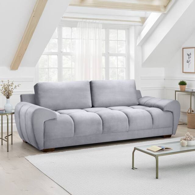 Furnishings For Less UK Zura Grey Fabric Large 3 Seater Sofa Pillow Back Wooden Legs - image 1