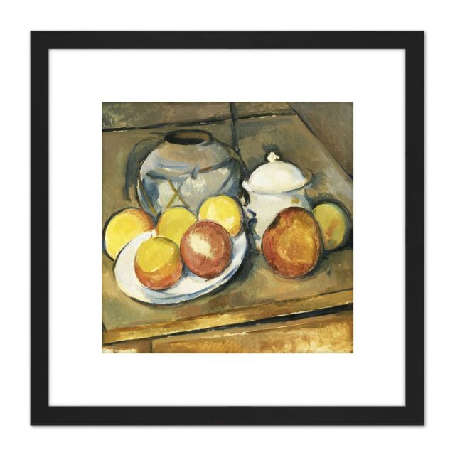 Artery8 Paul Cezanne Straw Trimmed Vase Sugar Bowl & Apples Cropped 8X8 Inch Square Wooden Framed Wall Art Print Picture with Mount in Black - image 1