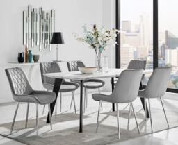 FurnitureboxUK Andria Marble Effect Dining Table With Black Legs & 6 Pesaro Velvet Silver Leg Chairs in Grey - thumbnail 1