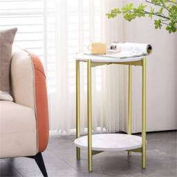 Nordara Gold 2 Tier Round Marble End Table Coffee Table Open Nightstand - thumbnail 6