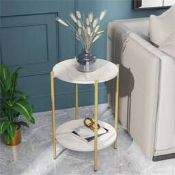 Nordara Gold 2 Tier Round Marble End Table Coffee Table Open Nightstand - thumbnail 7