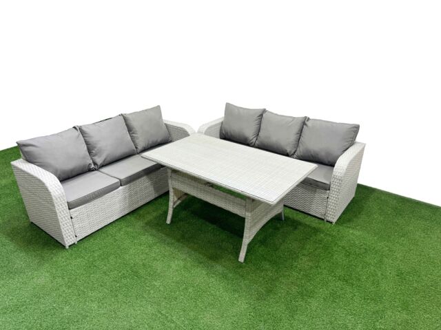 Fimous Outdoor Garden Furniture Sets 6 Seater Wicker Rattan Furniture Sofa Sets with Rectangular Dining Table high Back Lounge Sofa Light Grey - image 1