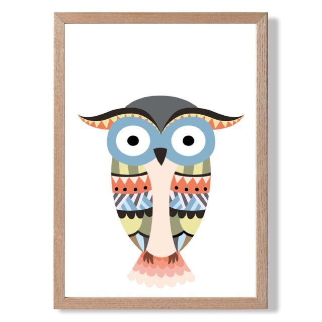 ARTZE Totem Owl Tribal Animal Framed Print SIZE: A3 with Oak Frame in Grey - Size: A2 - image 1