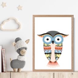 ARTZE Totem Owl Tribal Animal Framed Print SIZE: A3 with Oak Frame in Grey - Size: A2 - thumbnail 2
