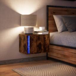 Berkfield Home Durable Wall-mounted Bedside Cabinet with LED Lights Smoked Oak in Brown - thumbnail 5