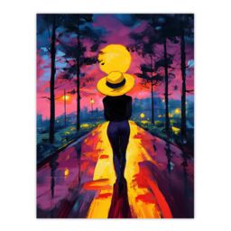 "Artery8 Woman Walk Into Sunset Colourful Vibrant Painting Wall Art Print in Purple - Size: W24"" x H32""" - thumbnail 1