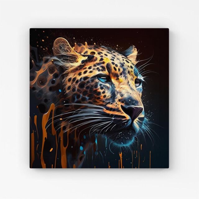 "Warren Reed - Designer Leapoard Face Splashart On Dark Background Canvas in Yellow - Size: W16"" x H16""" - image 1