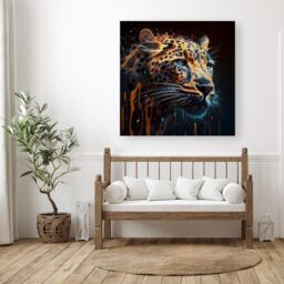 "Warren Reed - Designer Leapoard Face Splashart On Dark Background Canvas in Yellow - Size: W16"" x H16""" - thumbnail 3