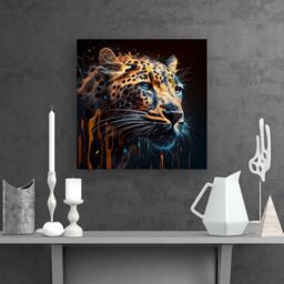 "Warren Reed - Designer Leapoard Face Splashart On Dark Background Canvas in Yellow - Size: W16"" x H16""" - thumbnail 2