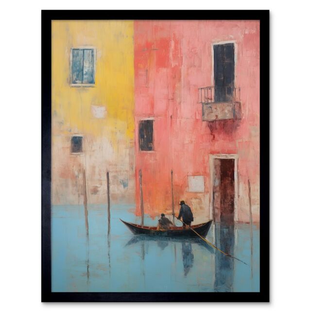 "Artery8 Wall Art Print Venice Canal Gondola Ride Oil Painting Blue Pink Yellow Pastel Colour Rower Boat on River Art Framed - Size: W12"" x H16""" - image 1