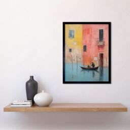 "Artery8 Wall Art Print Venice Canal Gondola Ride Oil Painting Blue Pink Yellow Pastel Colour Rower Boat on River Art Framed - Size: W12"" x H16""" - thumbnail 2