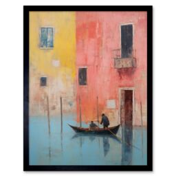 "Artery8 Wall Art Print Venice Canal Gondola Ride Oil Painting Blue Pink Yellow Pastel Colour Rower Boat on River Art Framed - Size: W12"" x H16""" - thumbnail 1
