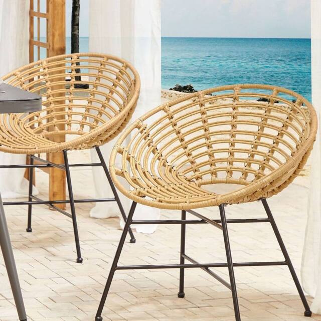 Wyld and Coco Set 2 Light Brown PE Rattan Garden Chairs Round Boho Design Powder in Natural - image 1