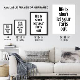 "Artery8 Life Is Short Let Your Farts Out Modern Funny Wall Art Print in White - Size: W12"" x H16""" - thumbnail 3