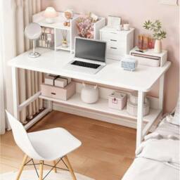 FORGEVIO Wooden Home Office Computer Desk Writing Workstation With Shelves in White - thumbnail 2