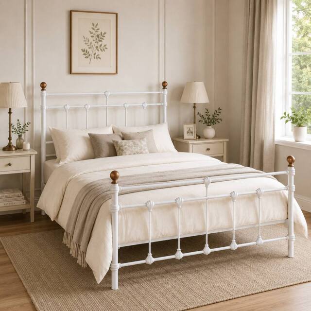 SquareBoxx Isabella Double Metal Bed Frame with Victorian Style & Storage in White - image 1