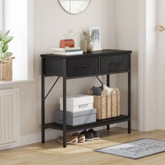 VOGREX Black MDF Top Console Table Metal Frame 2 Fabric Drawers Storage - image 1