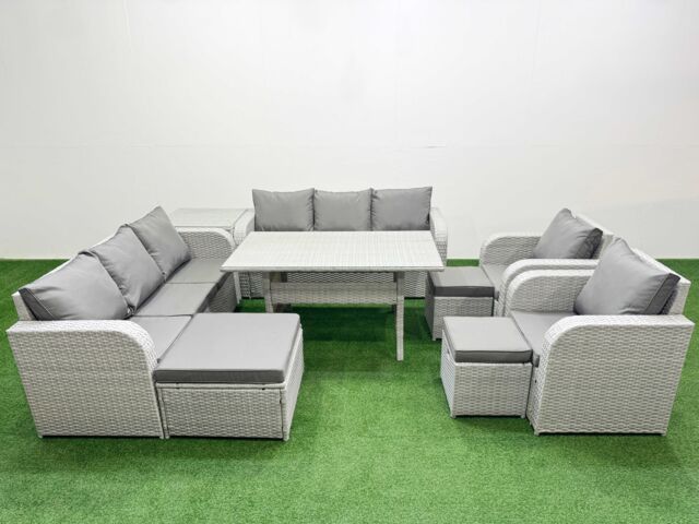 Fimous PE Rattan High Back Lounge Sofa Set Patio Rectangular Dining Table & Chairs Set w/ 3 Seater Sofa Reclining Chair 3 Stools Side Table Light Grey - image 1