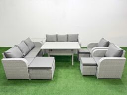 Fimous PE Rattan High Back Lounge Sofa Set Patio Rectangular Dining Table & Chairs Set w/ 3 Seater Sofa Reclining Chair 3 Stools Side Table Light Grey - thumbnail 1