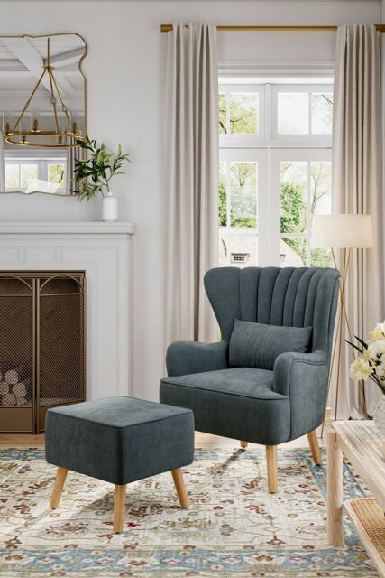 Living and Home Grey Brushed Fabric Stripe Curved Backrest Armchair with Footstool & Cushion - image 1