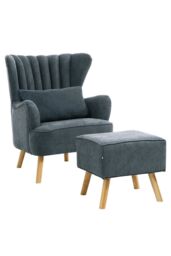 Living and Home Grey Brushed Fabric Stripe Curved Backrest Armchair with Footstool & Cushion - thumbnail 3