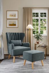 Living and Home Grey Brushed Fabric Stripe Curved Backrest Armchair with Footstool & Cushion - thumbnail 2