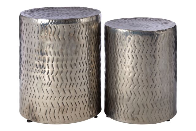 Orsina Set Of 2 Gold Finish Stools, Handcrafted Chevron Pattern Cylindrical Stools, Warm Metallic Finish Iron Stools in Silver - image 1