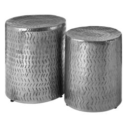 Orsina Set Of 2 Gold Finish Stools, Handcrafted Chevron Pattern Cylindrical Stools, Warm Metallic Finish Iron Stools in Silver - thumbnail 3