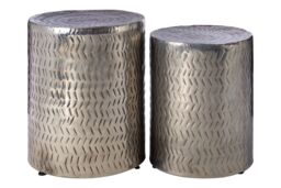 Orsina Set Of 2 Gold Finish Stools, Handcrafted Chevron Pattern Cylindrical Stools, Warm Metallic Finish Iron Stools in Silver - thumbnail 1