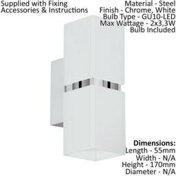 Loops 2 PACK Wall Light Colour Chrome Plated Steel White Square Shape Shade GU10 3.3W - thumbnail 2