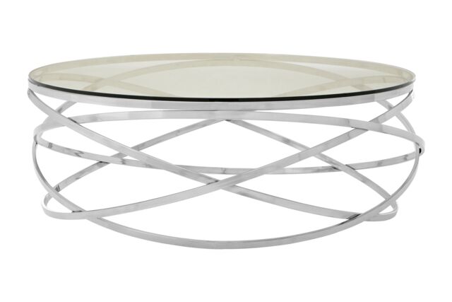 Orsina Round Silver Swirl Coffee Table, Interlinked Stainless Steel Base with Glass, Statement Piece for Living Room - image 1
