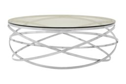 Orsina Round Silver Swirl Coffee Table, Interlinked Stainless Steel Base with Glass, Statement Piece for Living Room